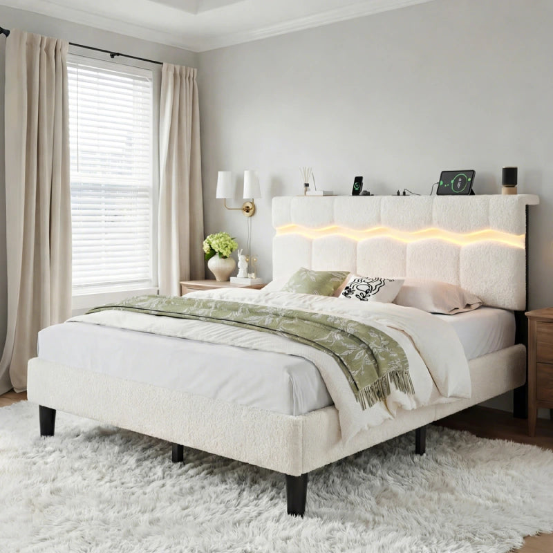 Reibii Boucle Bed Frame with LED Lights & Charging Station, 880 LBS, Modern Wave Design, Noise-Free, Easy Assembly