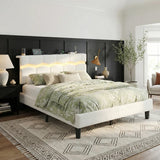 Reibii Boucle Bed Frame with LED Lights & Charging Station, 880 LBS, Modern Wave Design, Noise-Free, Easy Assembly