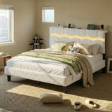 Reibii Boucle Bed Frame with LED Lights & Charging Station, 880 LBS, Modern Wave Design, Noise-Free, Easy Assembly
