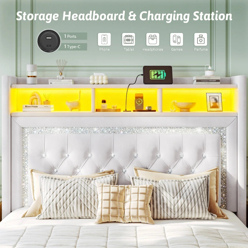 Reibii Velvet Floating Bed Frame, High Headboard with Smart LED Lights & Charging Station, No Box Spring Needed, Easy Assembly, Noise-Free