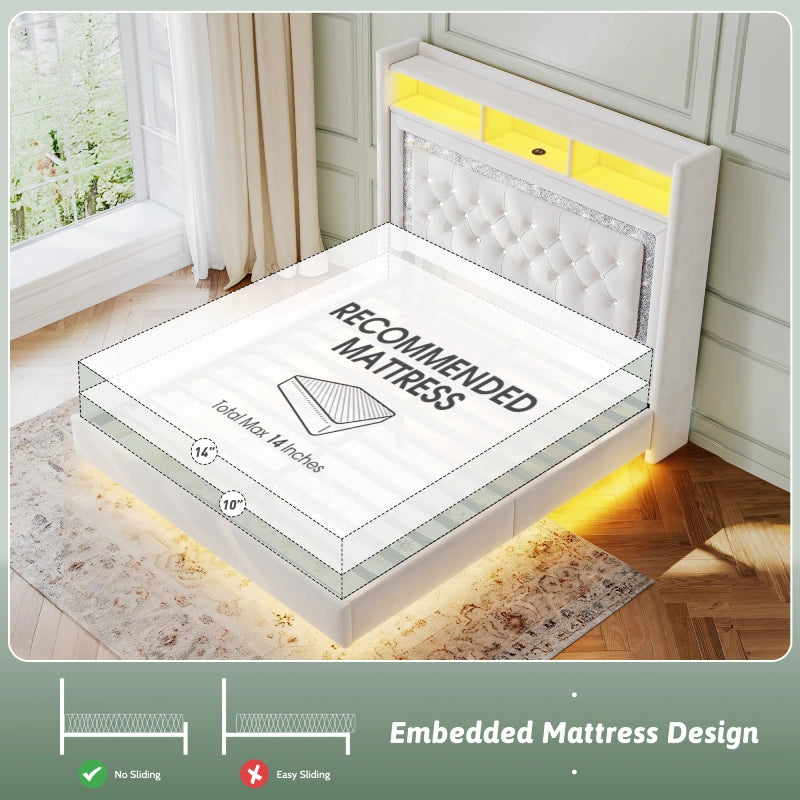 Reibii Velvet Floating Bed Frame, High Headboard with Smart LED Lights & Charging Station, No Box Spring Needed, Easy Assembly, Noise-Free