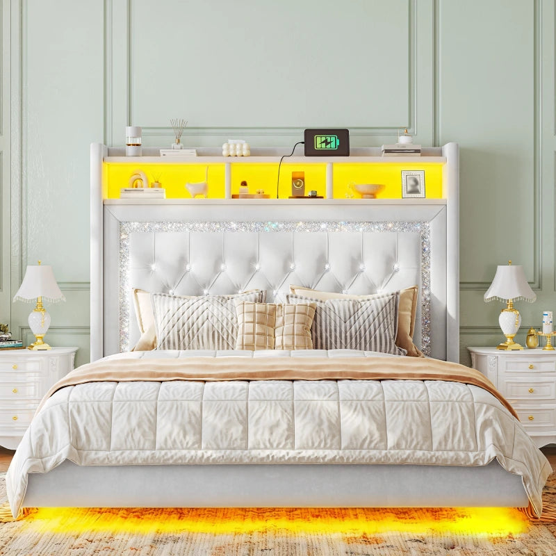 Reibii Velvet Floating Bed Frame, High Headboard with Smart LED Lights & Charging Station, No Box Spring Needed, Easy Assembly, Noise-Free