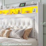 Reibii Velvet Floating Bed Frame, High Headboard with Smart LED Lights & Charging Station, No Box Spring Needed, Easy Assembly, Noise-Free