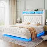 Reibii Velvet Floating Bed Frame, High Headboard with Smart LED Lights & Charging Station, No Box Spring Needed, Easy Assembly, Noise-Free