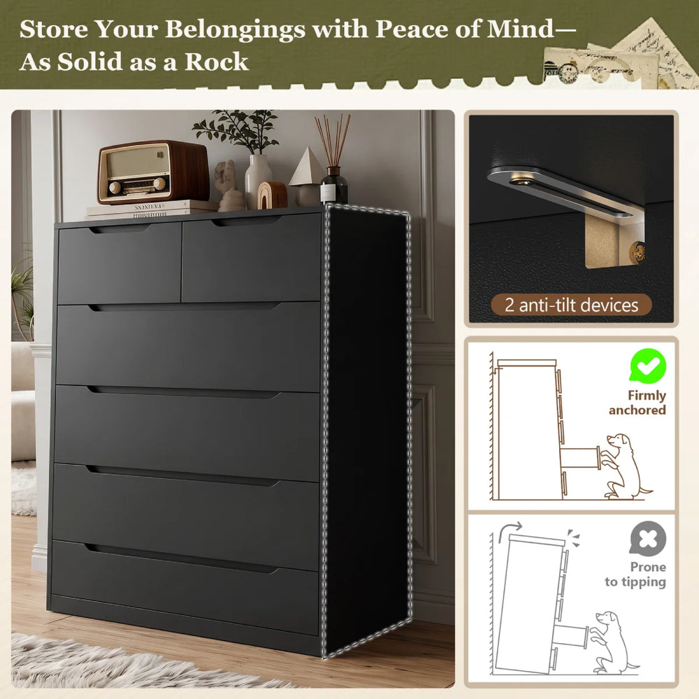 6 Drawers, Modern Wooden Black Tall Dressers for Bedroom and Closet