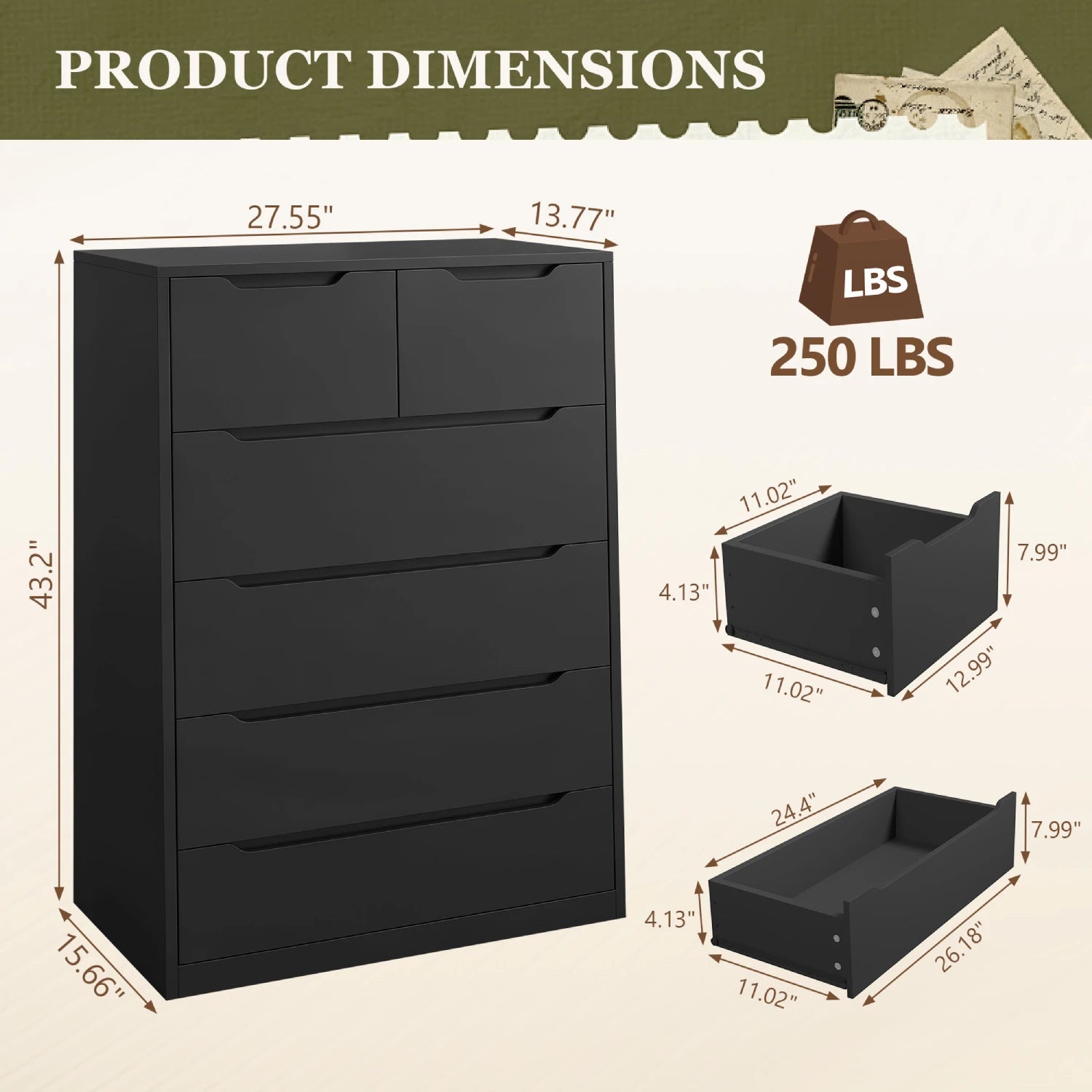 REIBII Modern Black Tall Dresser, Wooden Chest of Drawers with Ample S – Reibii