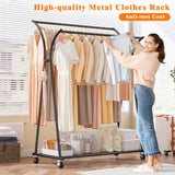 Raybee Double Rod Clothes Hanger Rack, Metal Rolling Clothing Rack With Wheels, 52"W x 20"D x (63"-69")H