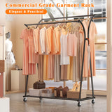 Raybee Double Rod Clothes Hanger Rack, Metal Rolling Clothing Rack With Wheels, 52"W x 20"D x (63"-69")H
