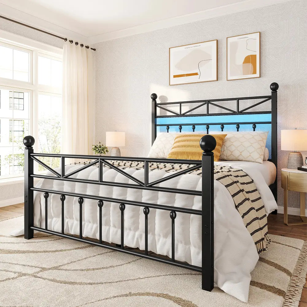 REIBII 54" Tall Headboard Metal Platform Bed Frame with LED Lights, 883 LBS Reinforced Steel Support, 12.7" Under-Bed Storage, Noise-Reducing Slats, No Box Spring Needed