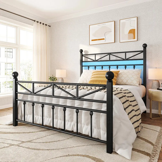 REIBII 54" Tall Headboard Metal Platform Bed Frame with LED Lights, 883 LBS Reinforced Steel Support, 12.7" Under-Bed Storage, Noise-Reducing Slats, No Box Spring Needed 1000
