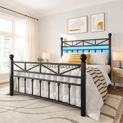 REIBII 54" Tall Headboard Metal Platform Bed Frame with LED Lights, 883 LBS Reinforced Steel Support, 12.7" Under-Bed Storage, Noise-Reducing Slats, No Box Spring Needed