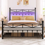 REIBII 54" Tall Headboard Metal Platform Bed Frame with LED Lights, 883 LBS Reinforced Steel Support, 12.7" Under-Bed Storage, Noise-Reducing Slats, No Box Spring Needed