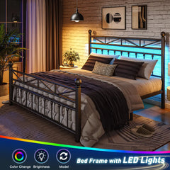 REIBII 54" Tall Headboard Metal Platform Bed Frame with LED Lights, 883 LBS Reinforced Steel Support, 12.7" Under-Bed Storage, Noise-Reducing Slats, No Box Spring Needed