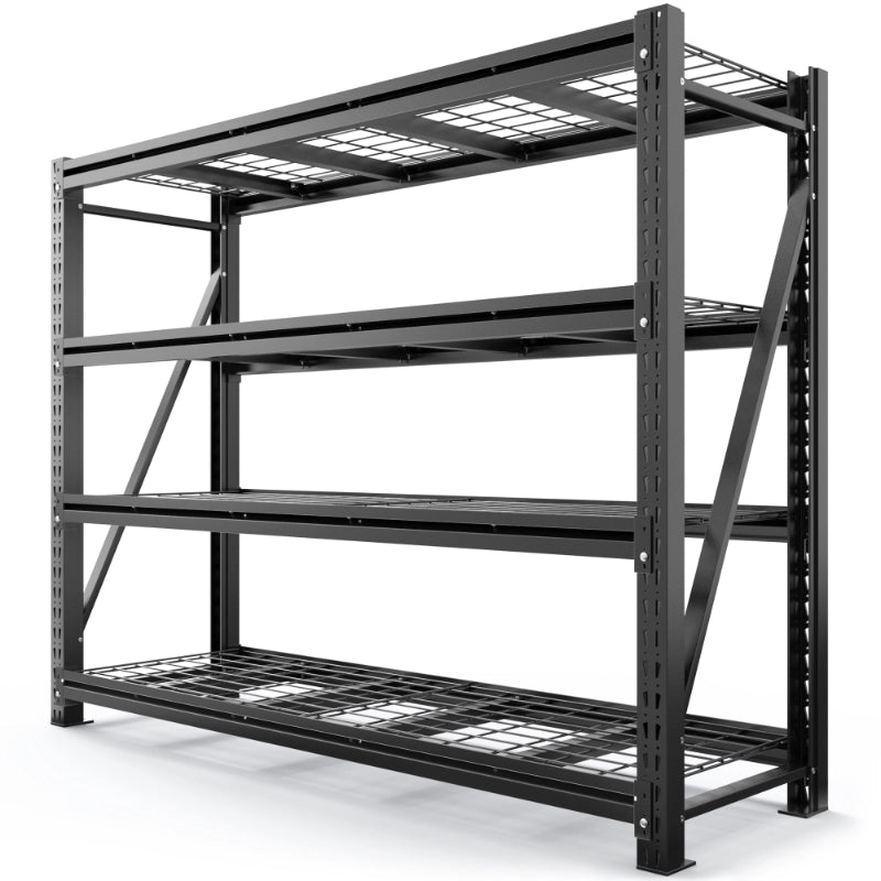 Heavy duty garage and basement shelving system creates durable storage space for tools, boxes, and everyday essentials.