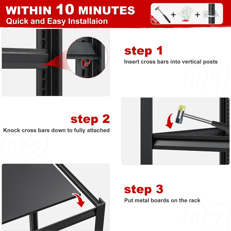 Easy assembly heavy duty garage shelving features a boltless design for quick and simple installation.