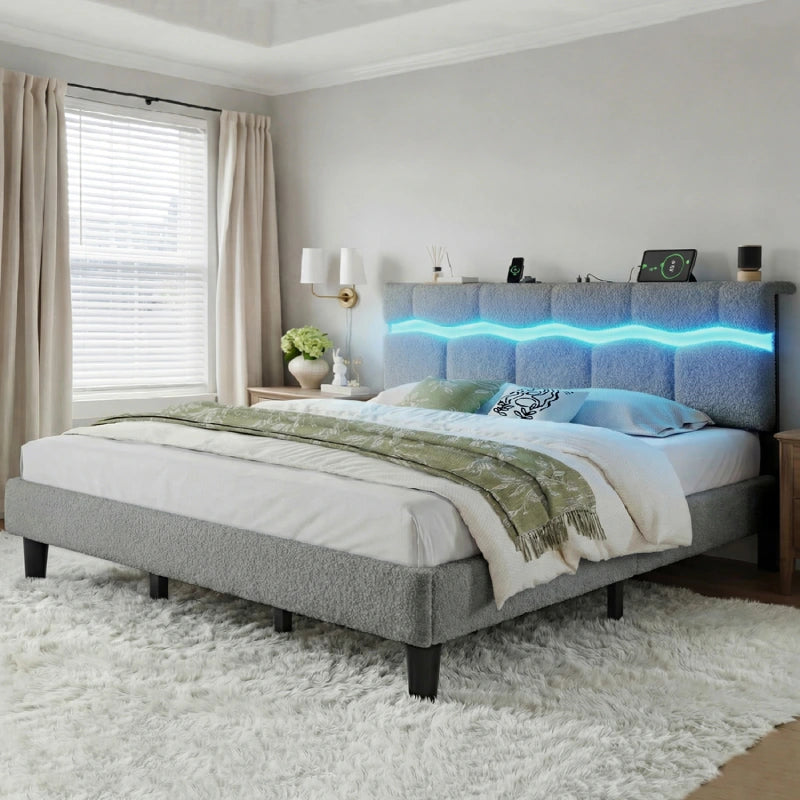 Reibii Boucle Bed Frame with LED Lights & Charging Station, 880 LBS, Modern Wave Design, Noise-Free, Easy Assembly