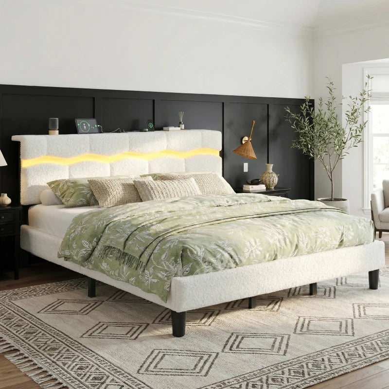 Reibii Boucle Bed Frame with LED Lights & Charging Station, 880 LBS, Modern Wave Design, Noise-Free, Easy Assembly