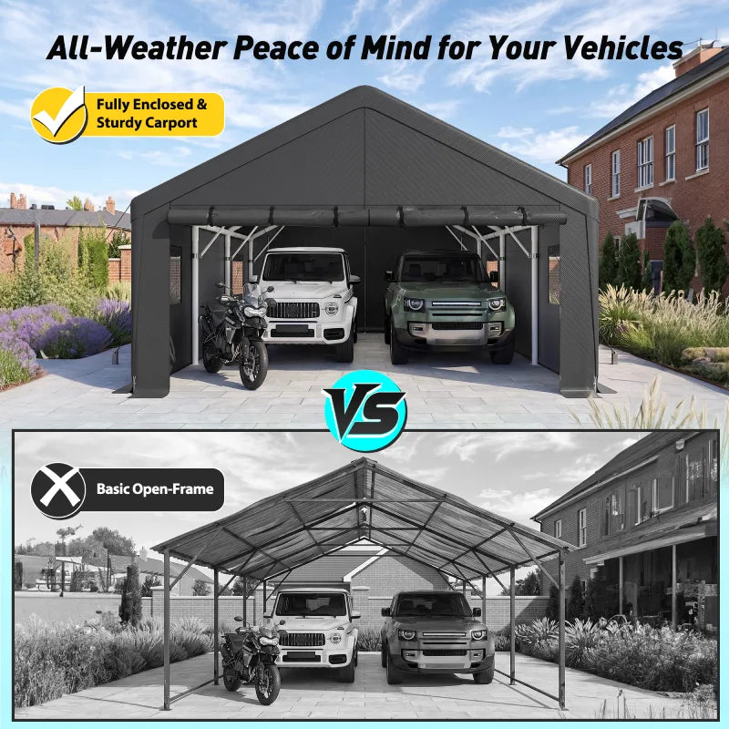 REIBII Heavy Duty Carport, 20x20 ft Portable Garage Carport, All Weather Portable Garage Shelter, Removable Sidewalls, Outdoor Storage & Party Tent