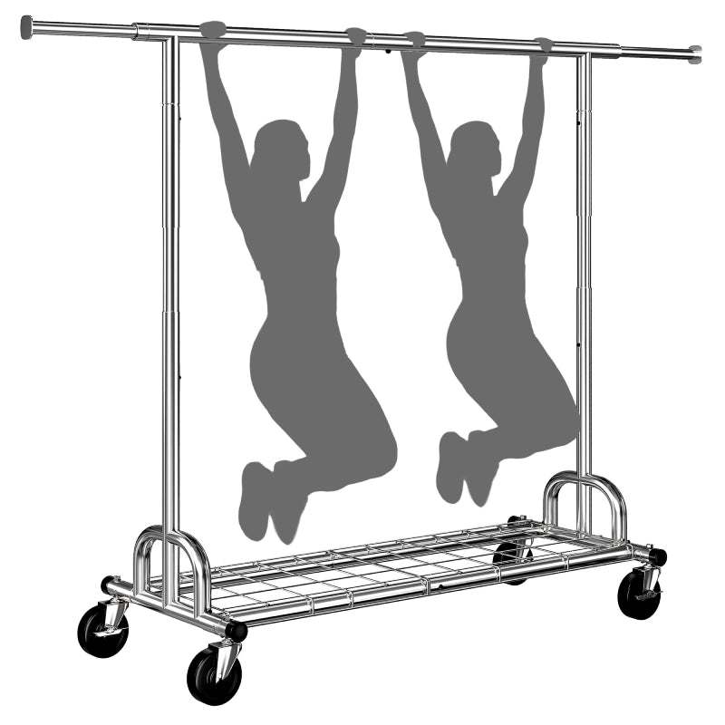Raybee Heavy Duty Extendable Clothes Rack, 75"W Adjustable Rolling Garment Rack with Storage Shelf, 360° Lockable Wheels & Tool-Free Assembly for Bedroom Dorm Laundry