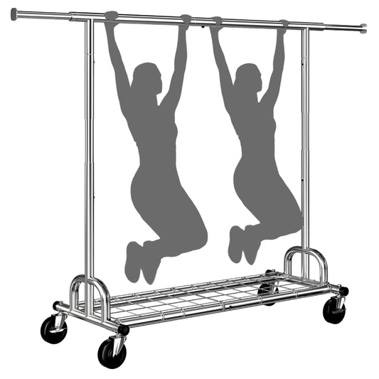 Raybee Heavy Duty Extendable Clothes Rack, 75"W Adjustable Rolling Garment Rack with Storage Shelf, 360° Lockable Wheels & Tool-Free Assembly for Bedroom Dorm Laundry 800