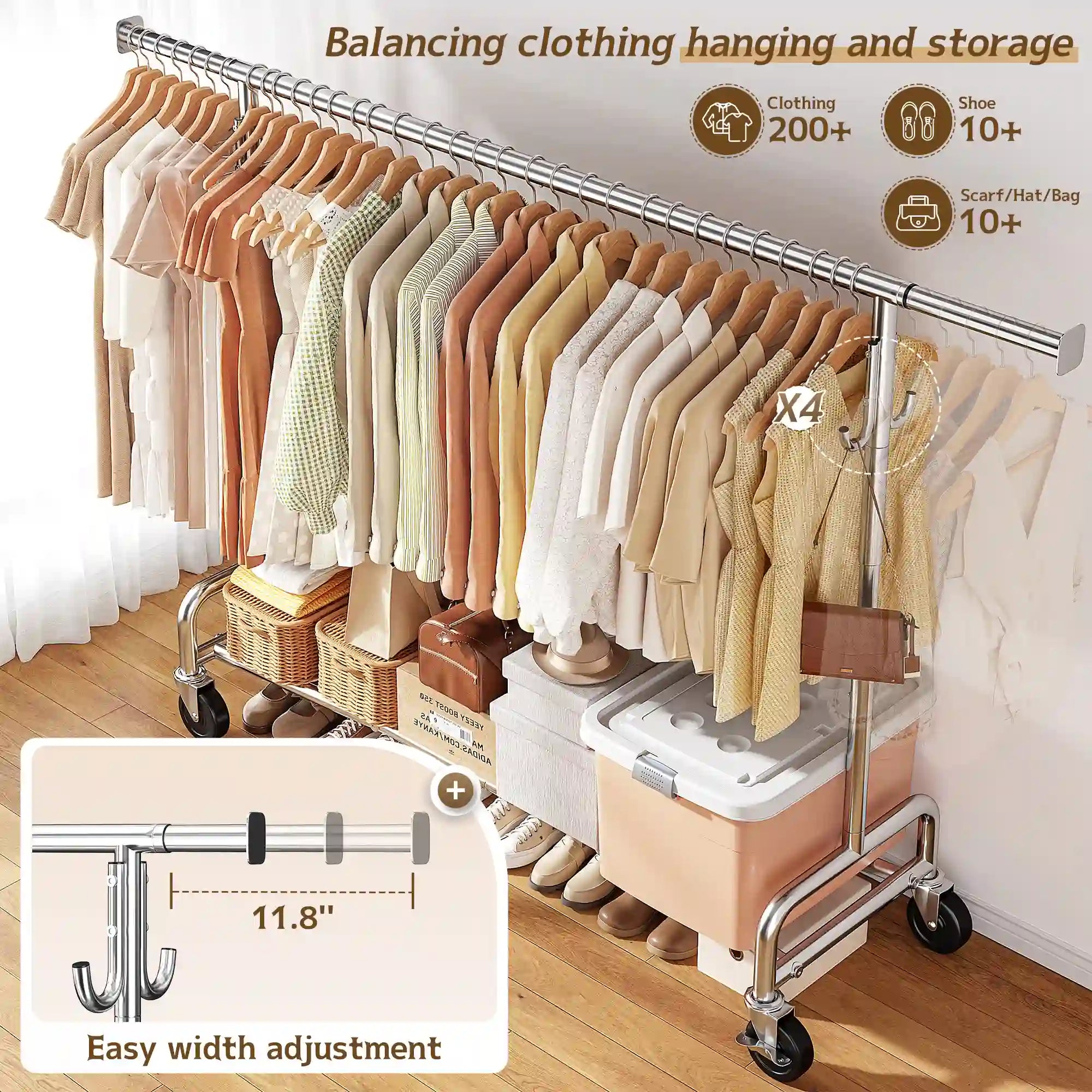 Raybee Heavy-Duty Rolling Clothes Rack, 75" Extra Wide 67"H Garment Rack with Shelf & 4 Side Hooks | 450LBS Capacity, Extendable Hanging Bar, 360° Lockable Casters, Side Hooks