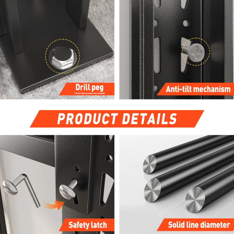 Metal storage shelves feature reinforced construction for reliable and flexible garage organization.