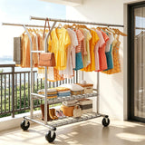 Raybee 74"W Heavy Duty Clothes Rack on Wheels, 630LBS Adjustable Double Rod Garment Rack, Chrome Metal Commercial Clothing Rack with Storage Shelves