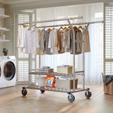 Raybee 74"W Heavy Duty Clothes Rack on Wheels, 630LBS Adjustable Double Rod Garment Rack, Chrome Metal Commercial Clothing Rack with Storage Shelves