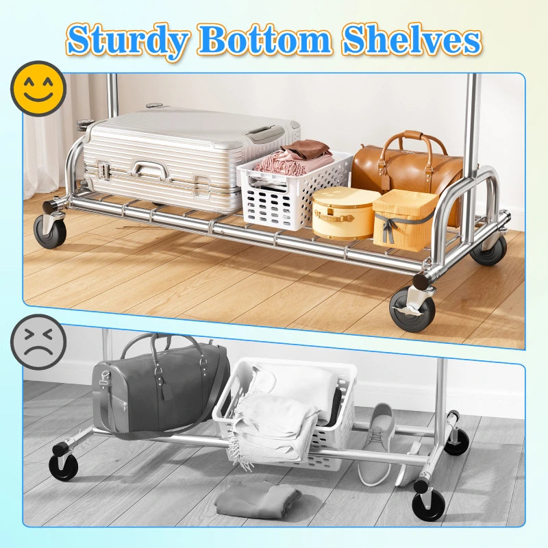 Raybee Heavy Duty Extendable Clothes Rack, 75"W Adjustable Rolling Garment Rack with Storage Shelf, 360° Lockable Wheels & Tool-Free Assembly for Bedroom Dorm Laundry