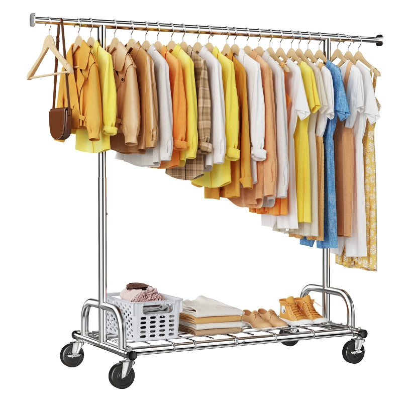Raybee Heavy Duty Extendable Clothes Rack, 75"W Adjustable Rolling Garment Rack with Storage Shelf, 360° Lockable Wheels & Tool-Free Assembly for Bedroom Dorm Laundry