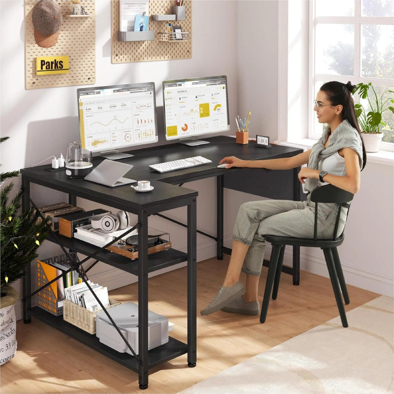 Computer Desk L Shaped Gaming Desk with Storage Shelves & Power Outlets, Home Office Desk for Writing Bedroom Dorm