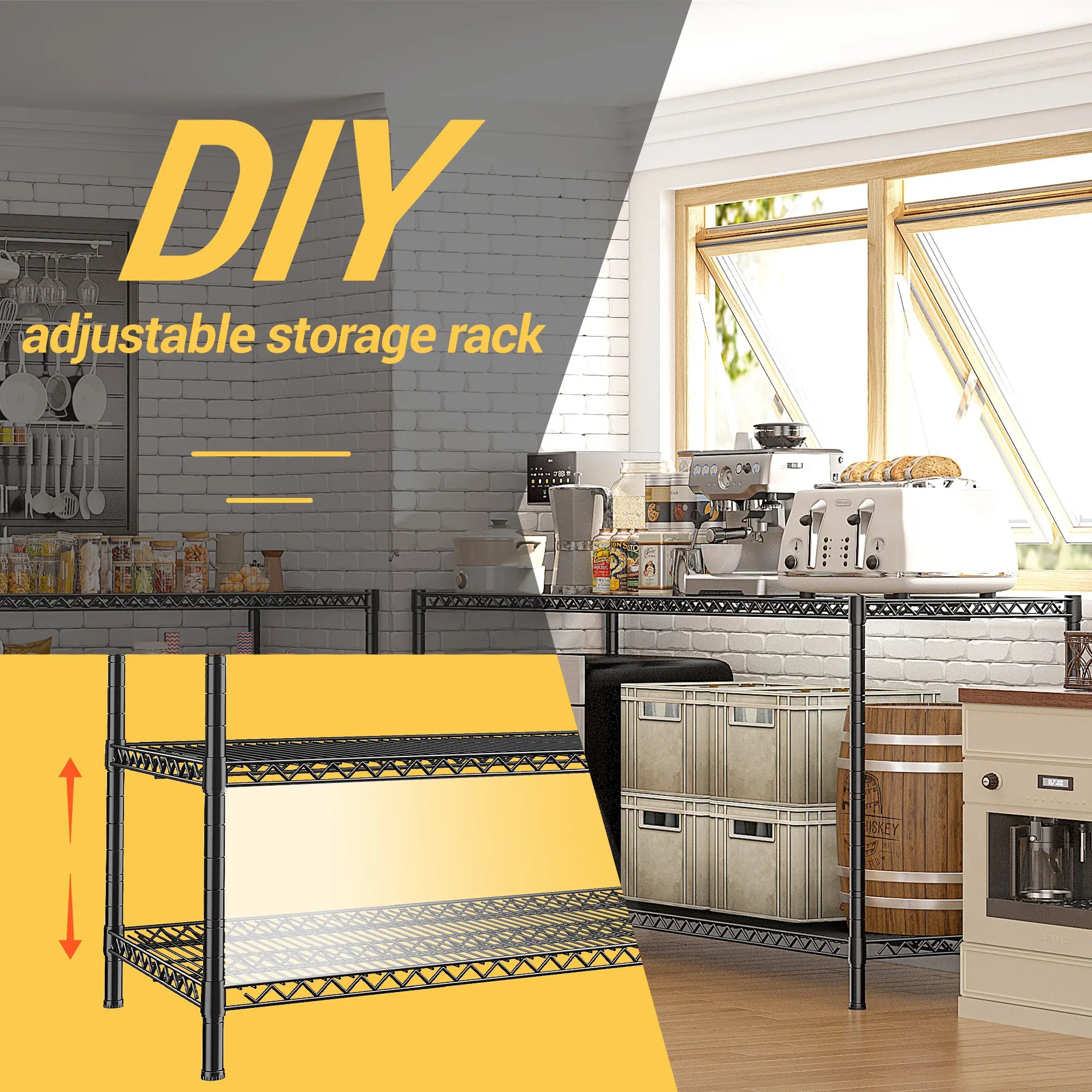 Reibii 55.5"W Wire Shelves,3200 lbs Heavy Duty Storage Shelves, Metal Shelves for Garage Kitchen Basement