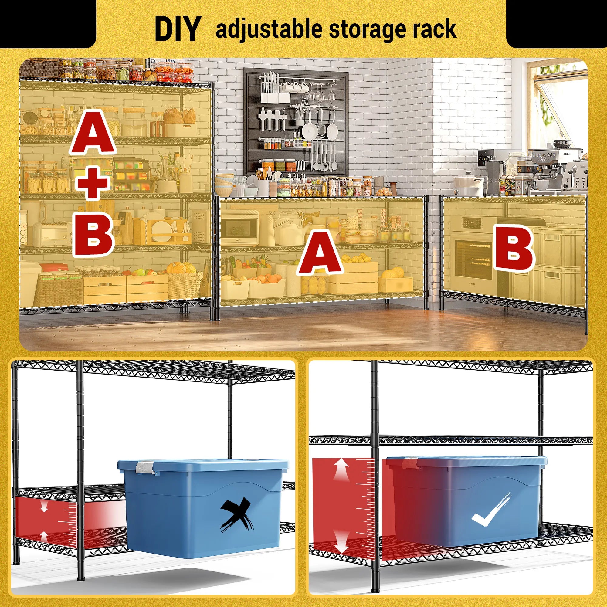 Reibii 55.5"W Wire Shelves,3200 lbs Heavy Duty Storage Shelves, Metal Shelves for Garage Kitchen Basement