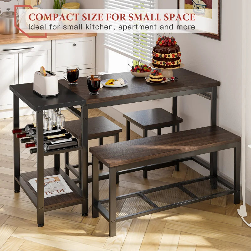 EnHomee Dining Table Set for 4, with Bench and Wine Rack, Space Saving Kitchen Tables Sets, Dark Brown