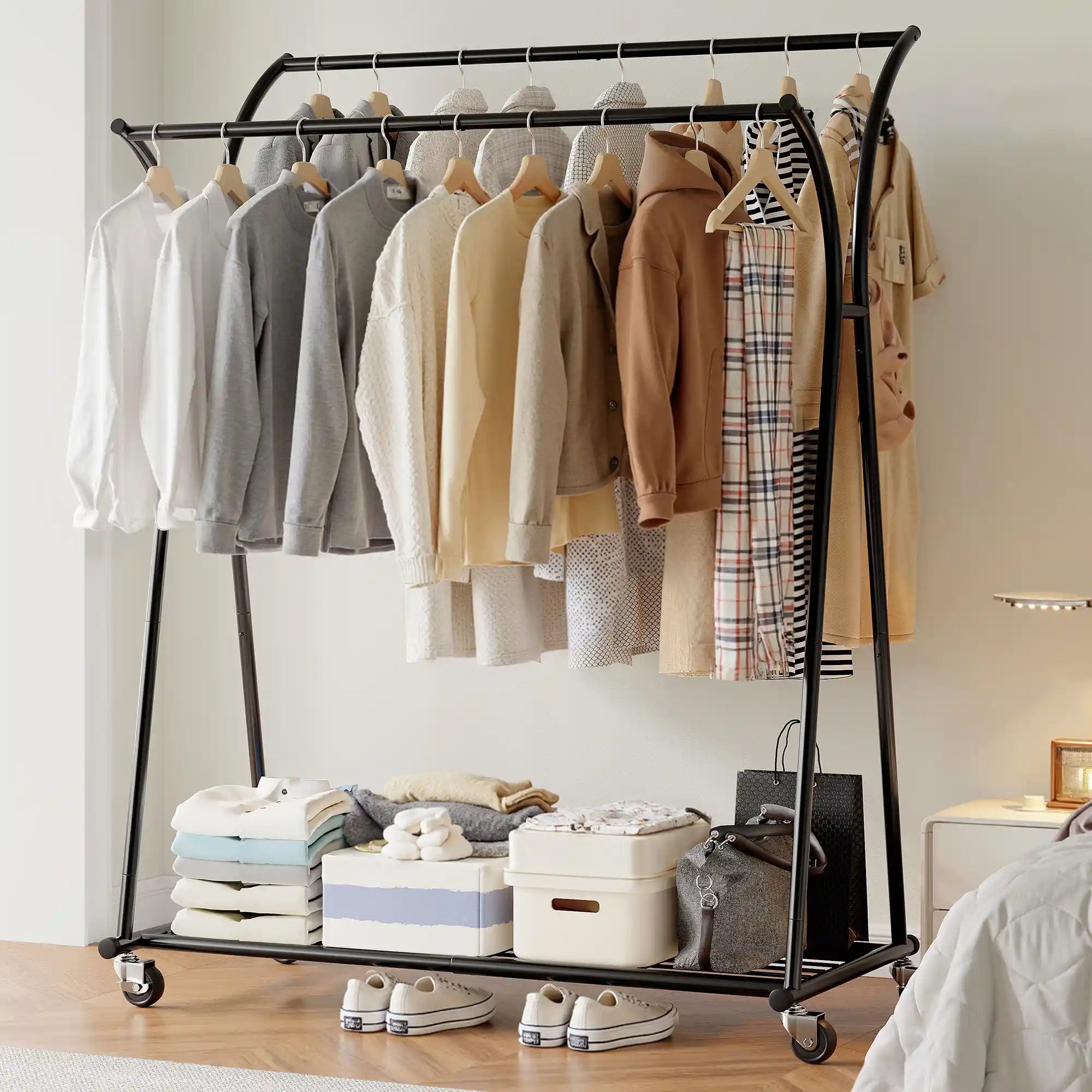 Raybee Double Rod Clothes Hanger Rack, Metal Rolling Clothing Rack With Wheels, 52 Raybee Double Rod Clothes Hanger Rack, Metal Rolling Clothing Rack With Wheels, 52