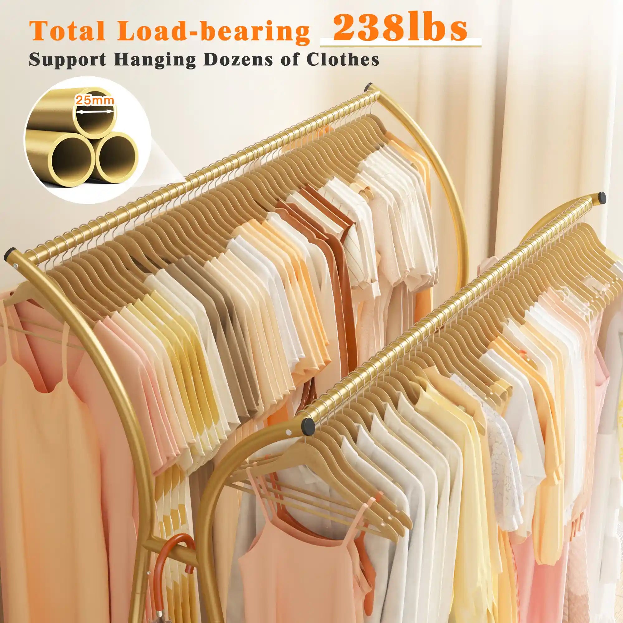 Raybee Double Rod Clothes Hanger Rack, Metal Rolling Clothing Rack With Wheels, 52"W x 20"D x (63"-69")H