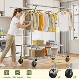 Raybee  74"W x70"H 630LBS Double Rods Clothing Rack On Wheels, Adjustable Garment Rack , Commercial Metal Clothing Rack with Shelves, Chrome