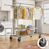Raybee 74"W Heavy Duty Clothes Rack On Wheels, 630LBS Adjustable Double Rods Garment Rack , Commercial Metal Clothing Rack with Shelves, Chrome