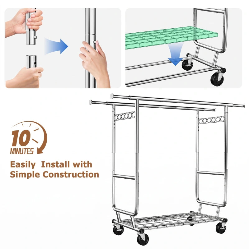 Raybee 75"W x 68"H Double Rolling Clothes Rack with Wheels,650LBS Heavy-Duty Commercial Garment Rack, For Bedroom