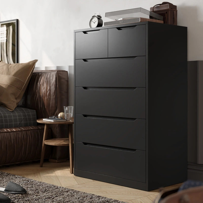 6 Drawers, Modern Wooden Black Tall Dressers for Bedroom and Closet