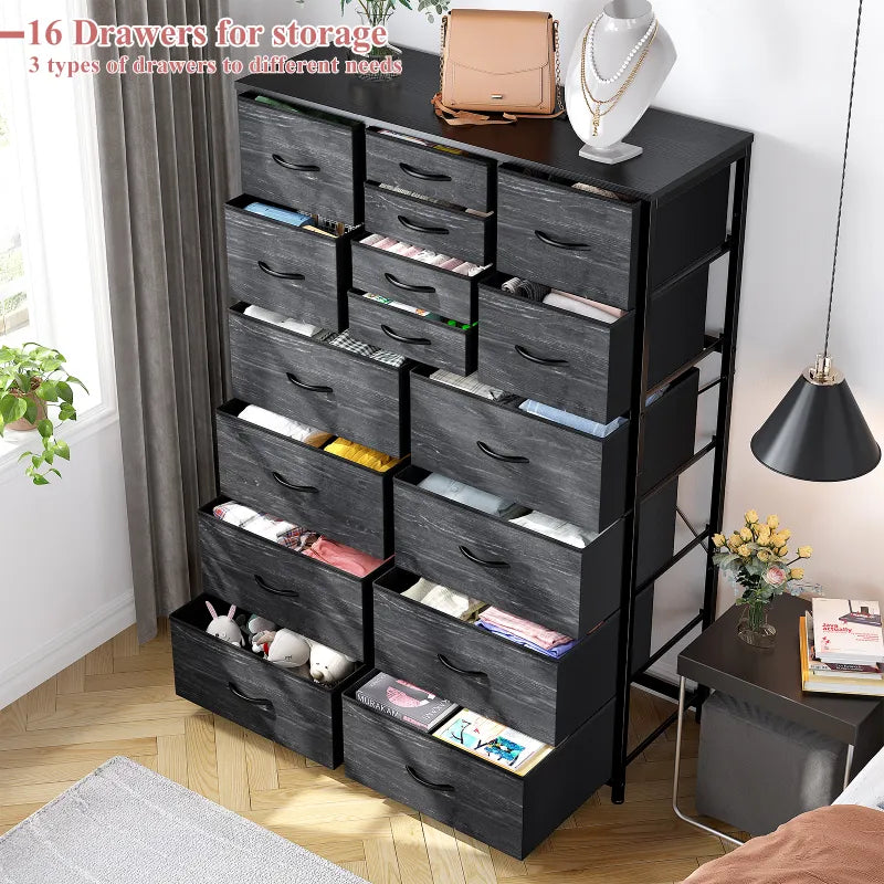 EnHomee 16 Drawer Dresser, Tall Dresser for Bedroom, Wooden and Sturdy Metal Black Dresser & Chest of Drawers