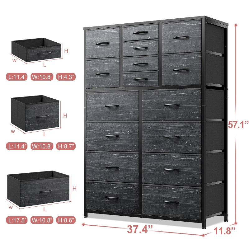 EnHomee 16 Drawer Dresser, Tall Dresser for Bedroom, Wooden and Sturdy Metal Black Dresser & Chest of Drawers