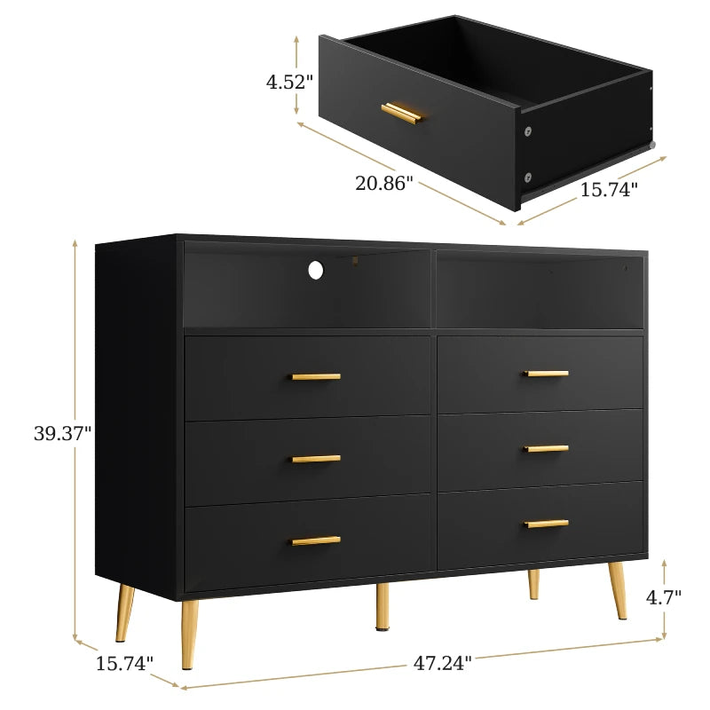 EnHomee Black Dresser, 6 Drawer Dresser With Led Lights, 47"W Double Dresser, Wood