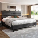 EnHomee 880LBS Bed Frame with Headboard, Upholstered Fabric, Charging Cradle & No Noise