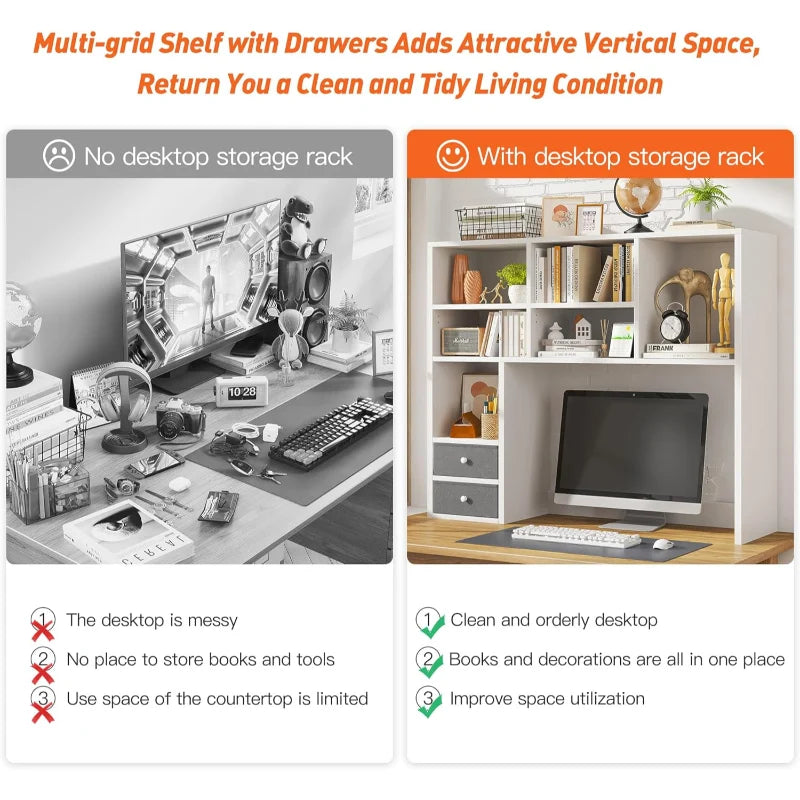 EnHomee High-Capacity Desk Hutch Organizer with 8 Shelves and 2 Drawers for Computer Desk