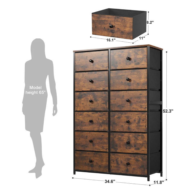 EnHomee Tall Dresser for Bedroom, 12 Drawer Dresser, Fabric Dresser & Chest of Drawers, Rustic Brown