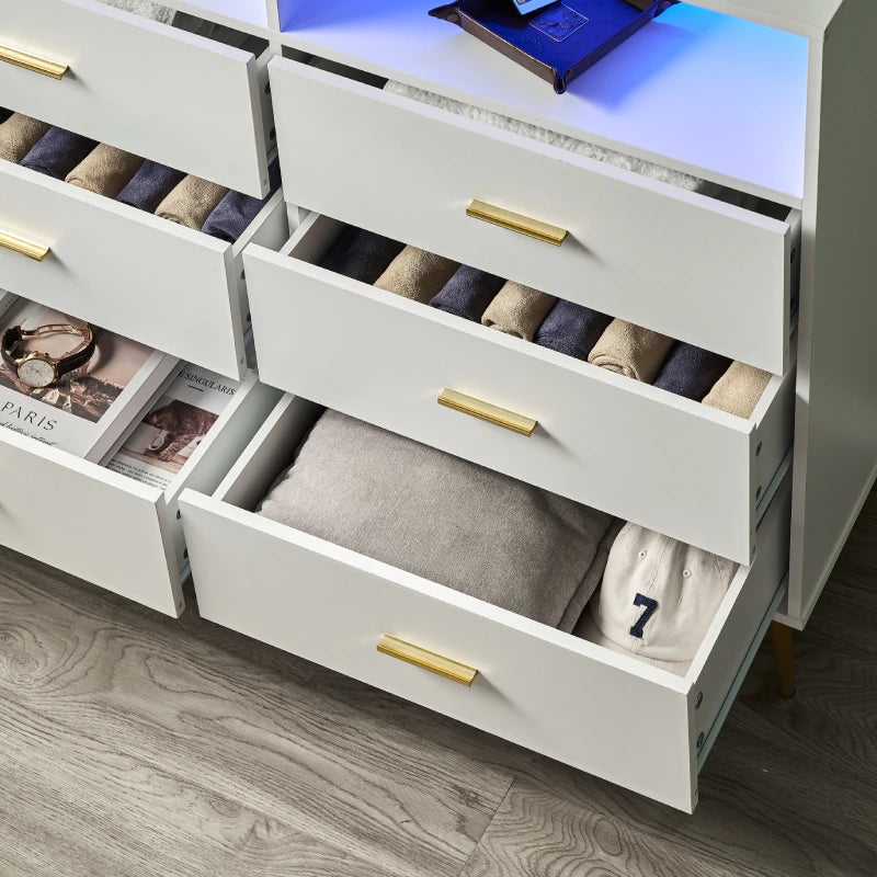 EnHomee White Dresser 6 Drawer, Dresser for Bedroom with Led Lights, Wood