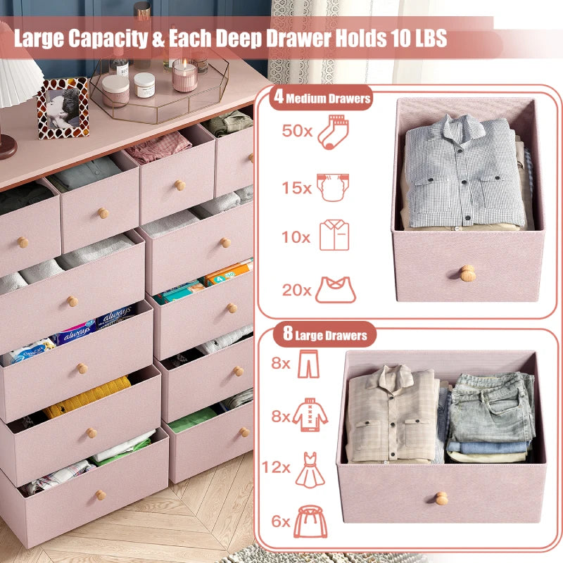 EnHomee Pink Dresser for Girls Bedroom with 12 Drawers, Chest of Drawers, Kids Nursery Dresser