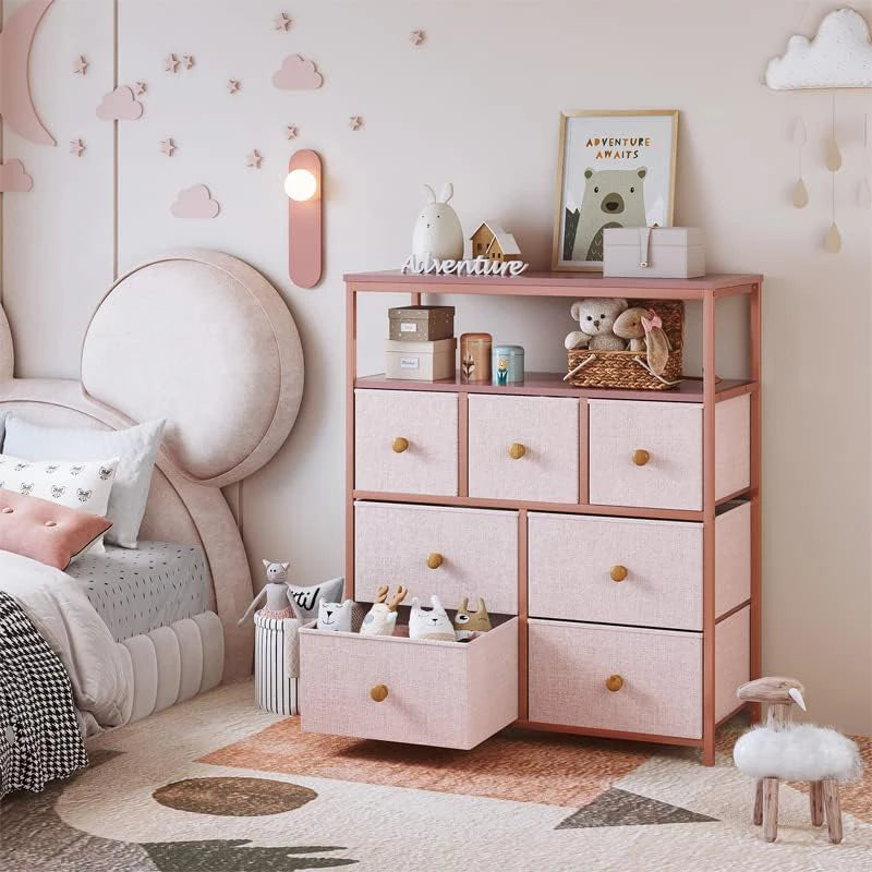 Enhomee Kids Pink Dresser With 7 Drawer, Nursery Dresser & Girls Dresser For Bedroom,  Chest of Drawers