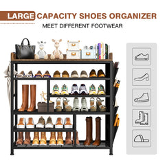 EnHomee Shoe Rack 6 Tier Metal Shoe Rack for Entryway Holds 24 Pairs, Wooden Top and Side Pocket for Entry, Entrance, Hallway, Black